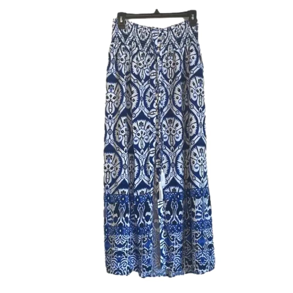 HAUTE HIPPIE Medium Tassel Button Front Maxi‎ Skirt Smocked Waist Cottagecore